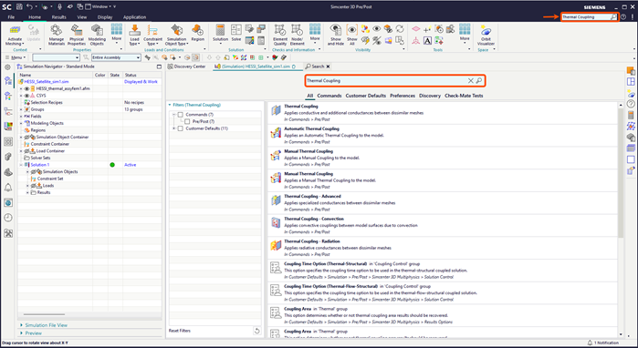 Simcenter 3D Pre/Post interface showing the Command finder in the upper-right corner