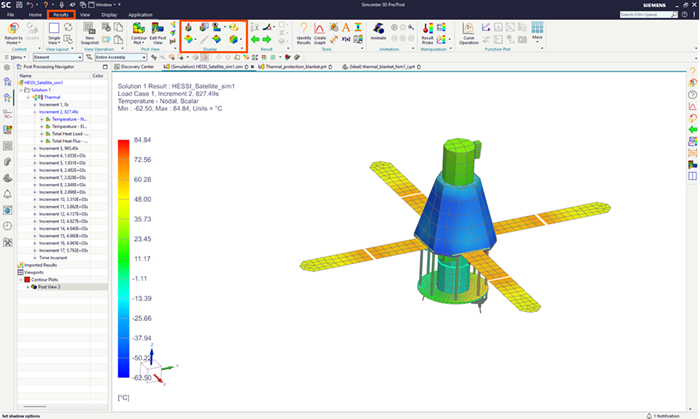 Post-processing interface showing a nodal temperature contour plot on a satellite model with the temperature legend and Post Processing Navigator visible.