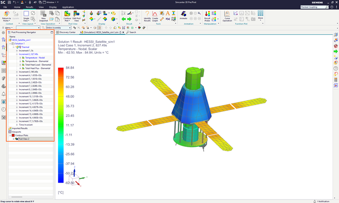 Simcenter 3D Pre/Post post-processing view showing a nodal temperature contour plot on the satellite model, with the Post Processing Navigator and temperature legend displayed