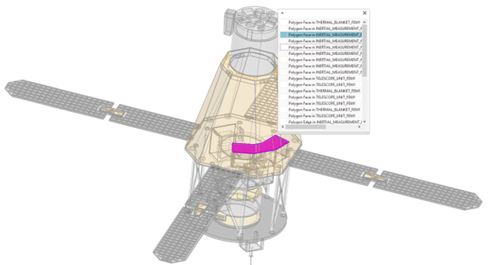 Satellite model with a highlighted polygon face selection, showing a list of selectable faces from multiple FEM components