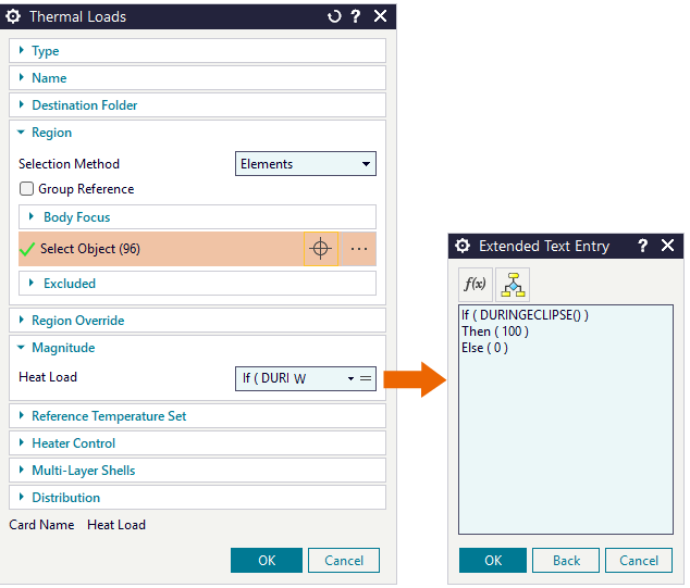 Thermal Loads dialog box showing the eclipse-dependent expression.